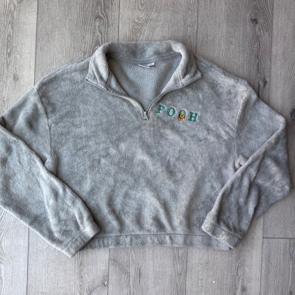 Disney Winnie the Pooh Grey Fleece Quarter Zip Pullover Sweater Large